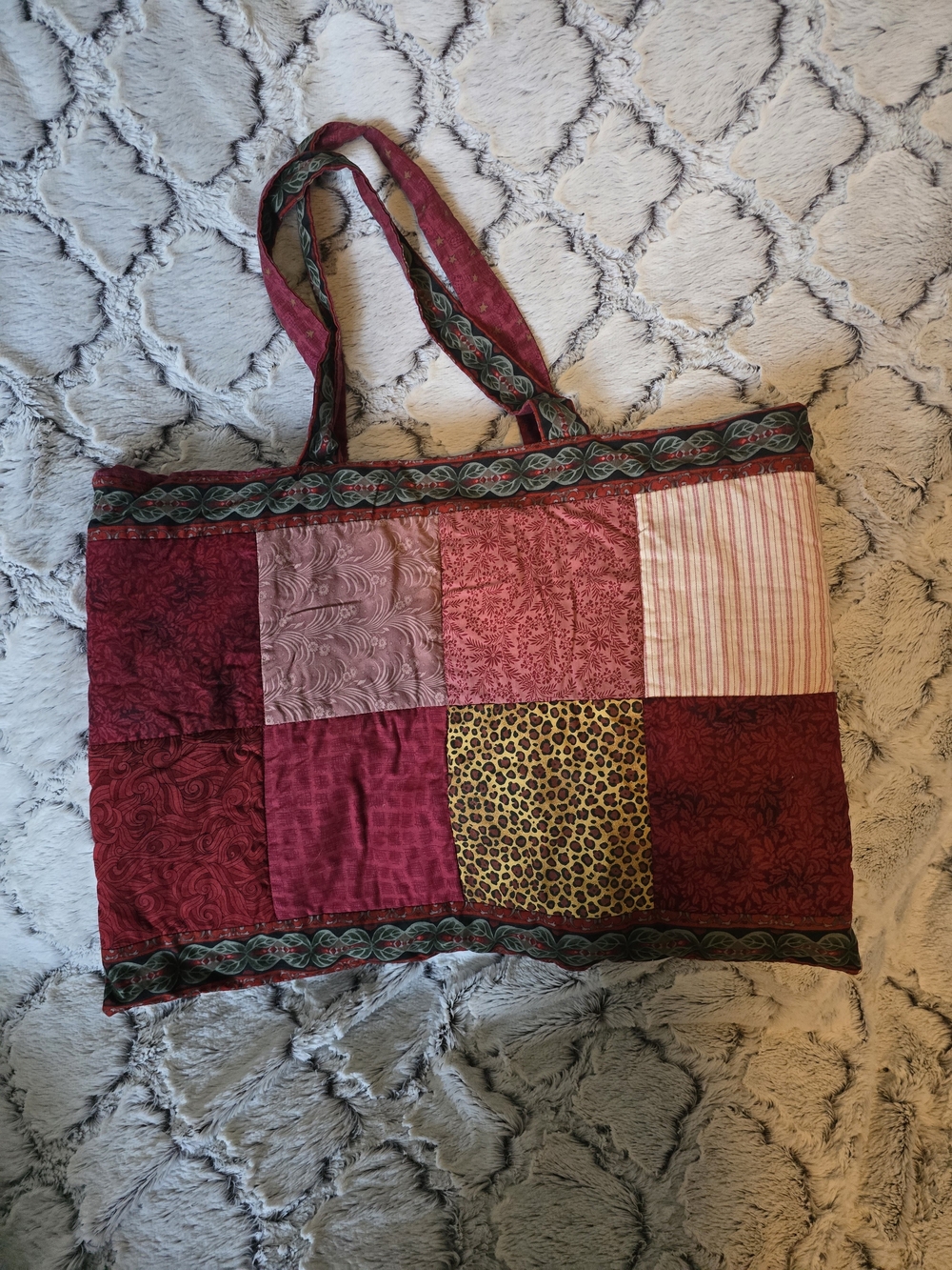 Handmade Reversible Patchwork Red Tote Bag 19x14 Cottagecore Granny Festival